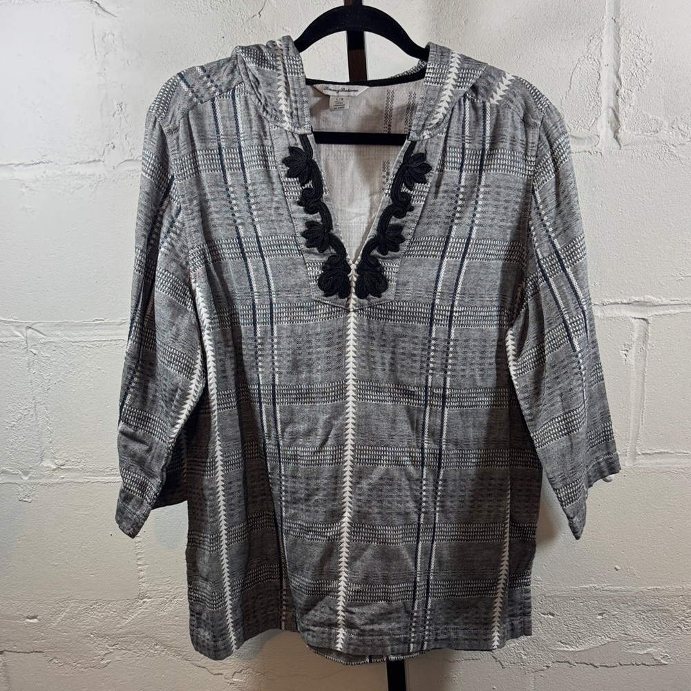 Tommy Bahama Gray Plaid Hooded Women's Top with Black Embroidery Size L